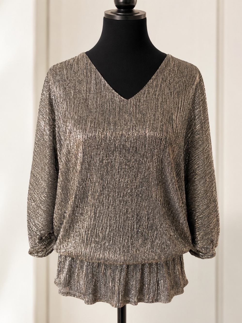 Chaus New York Metallic Gold Shimmer Blouse L Rhinestone Batwing Open Sleeve